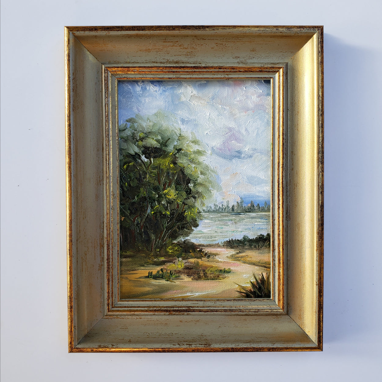 5x7 inch original oil painting on canvas board... Landscape under a tree and a beautiful pond...