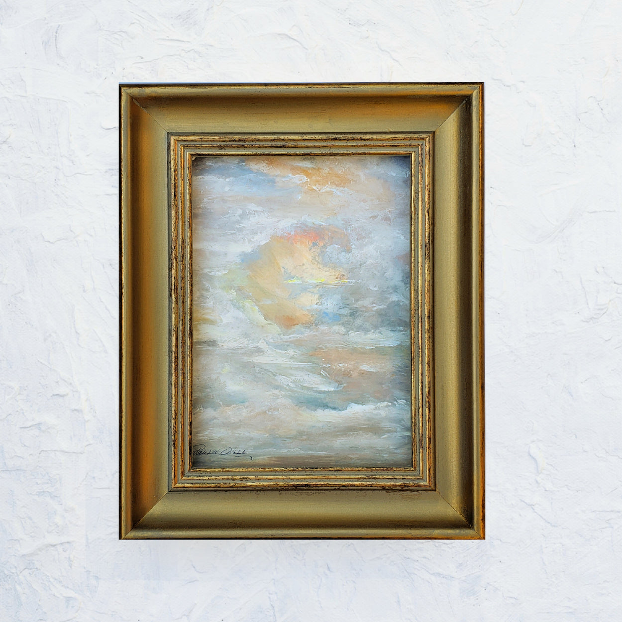 Oil painting of soft swirly clouds with a golden glow... 5x7 framed in gold vintage style frame