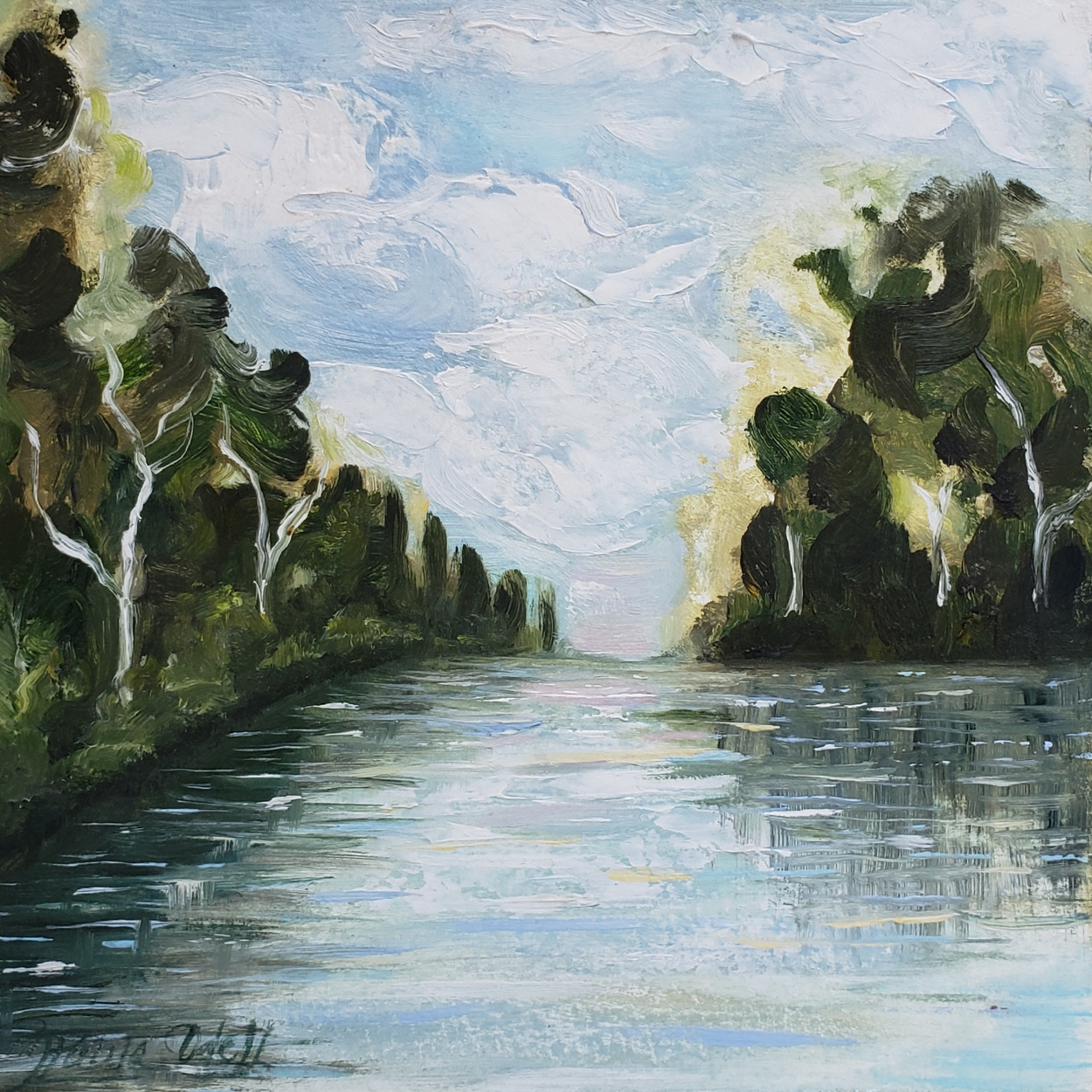 Original 6x6 oil painting of a meandering river on a beautiful day....greens and soft blues with sparkling water and clouds. Will arrive matted in a 12x12 white mat ready to frame.