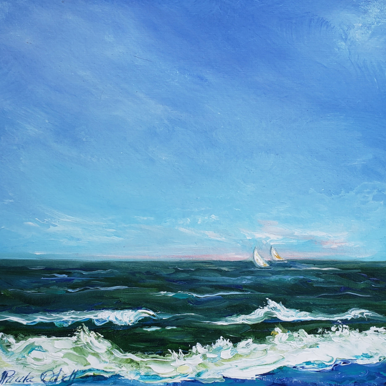Original oil painting of the sea with sailboats in the distance. Beautiful blue sky and deep turquoise sea. 8x8 on hand made paper...matted in a 12x12 white mat ready to frame.