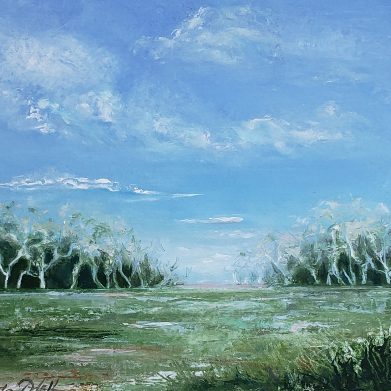 )riginal 8x8 oil painting on hand made paper. Beautiful blue sky and Spring green meadow. Matted in a 12x12 mat ready to frame.