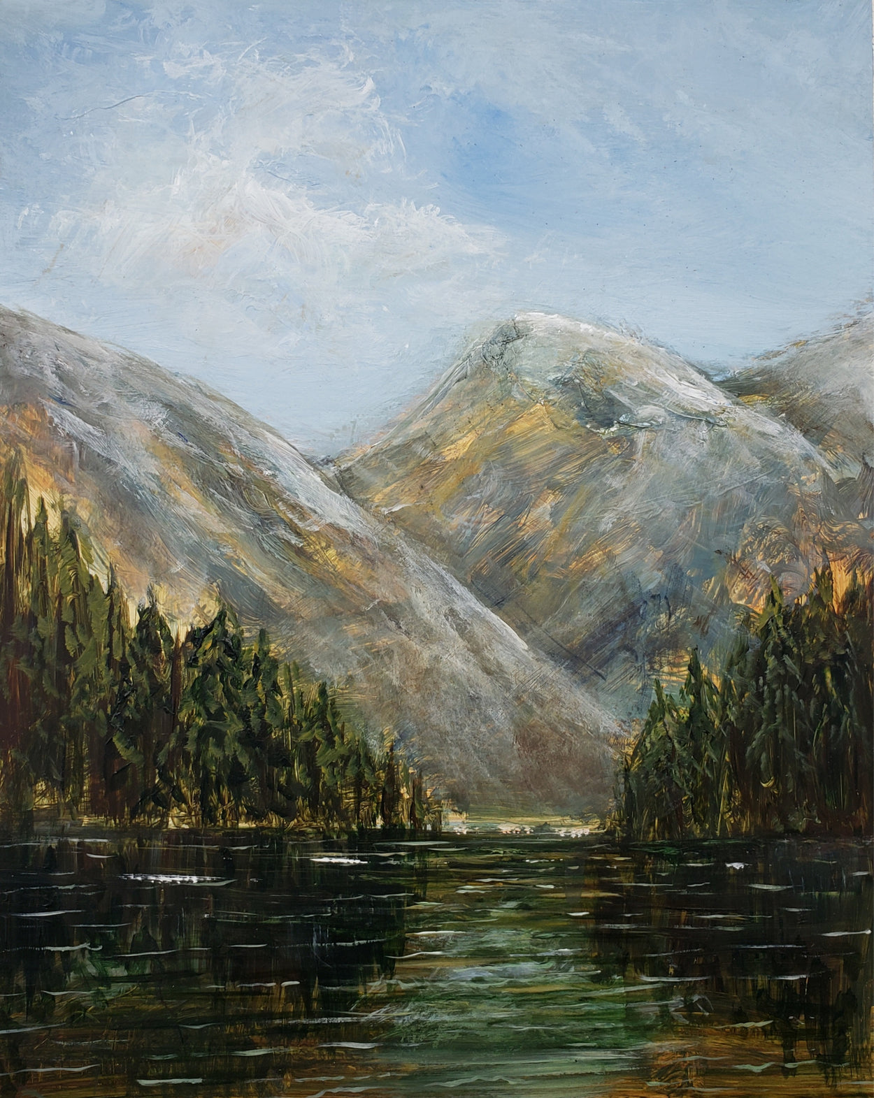 Beautiful scene of high lake and mountains in warm golds and greens.. Original oil and acrylic painting 8x10.. comes framed in a lovely rustic frame.