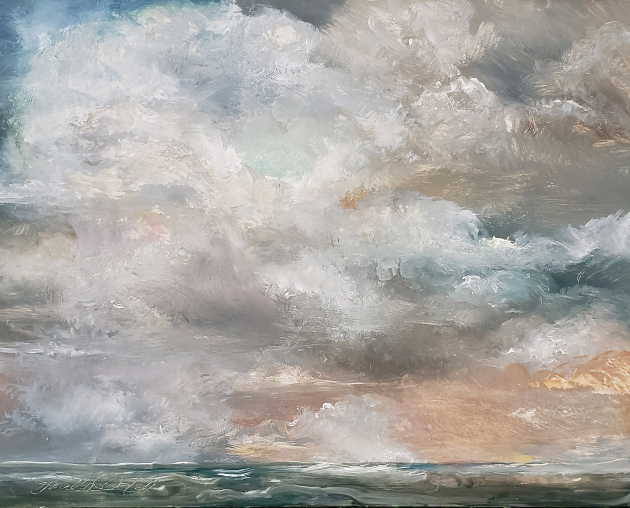 The sea meets the sky in this painting with rich golds and deep blues with just the hint of a green sea. 8x10 original oil on canvas. Comes framed in maple