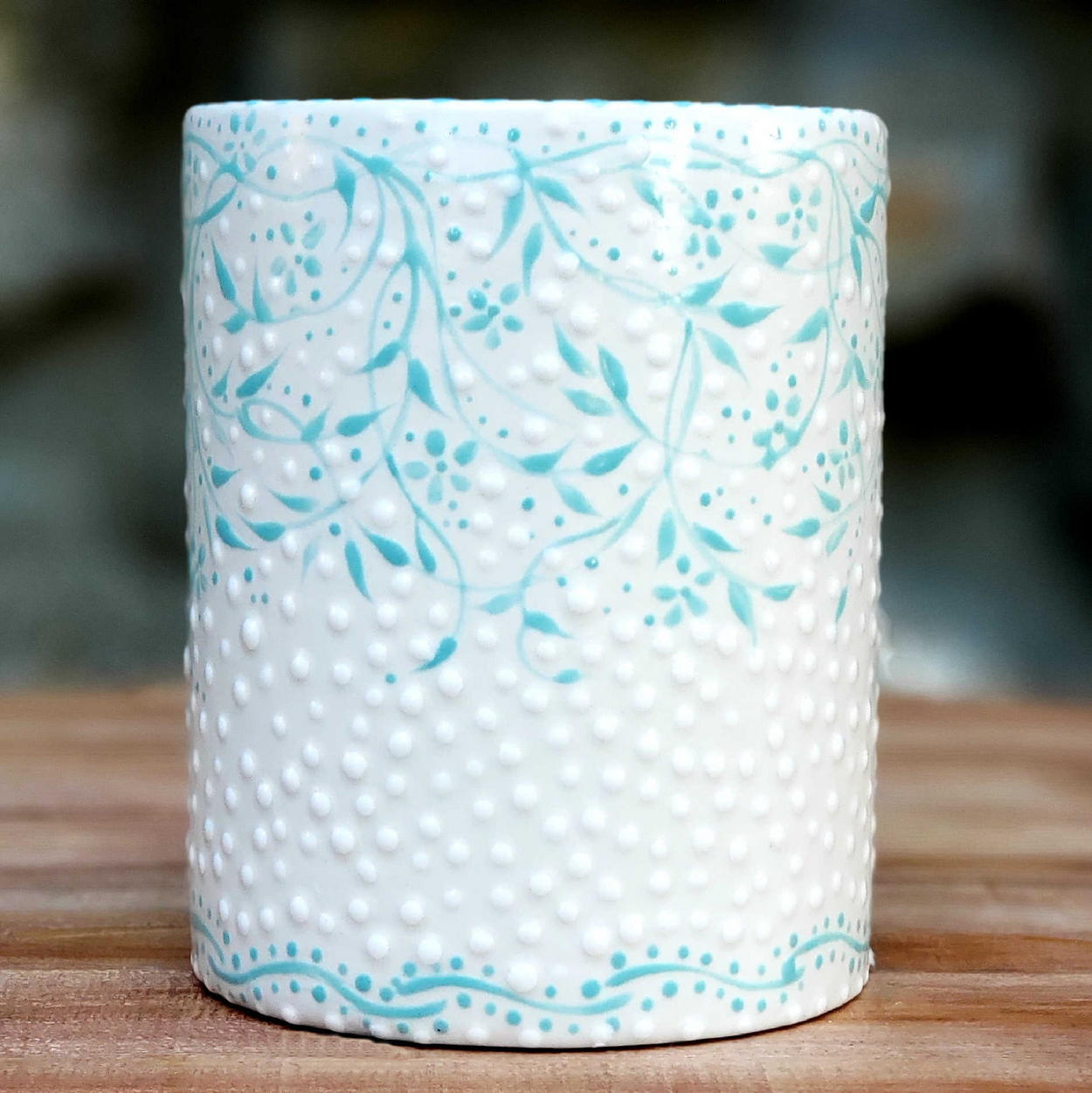 Hand Painted Dotted Swiss Aqua and White Mug