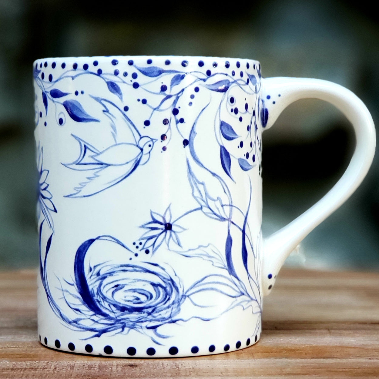 Hand Painted Blue and White Birds and Flowers Mug