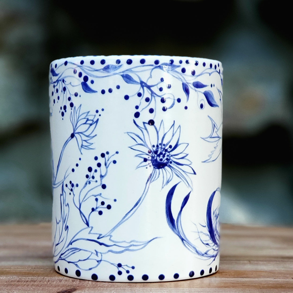 Hand Painted Blue and White Birds and Flowers Mug