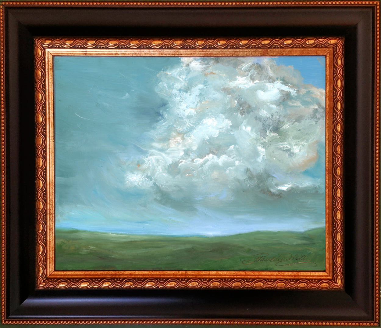 Soft blue Irish sky and green rolling hills with beautiful white puffy cloud. A day in the Irish countryside. 8x10 comes framed wired and ready to hang.