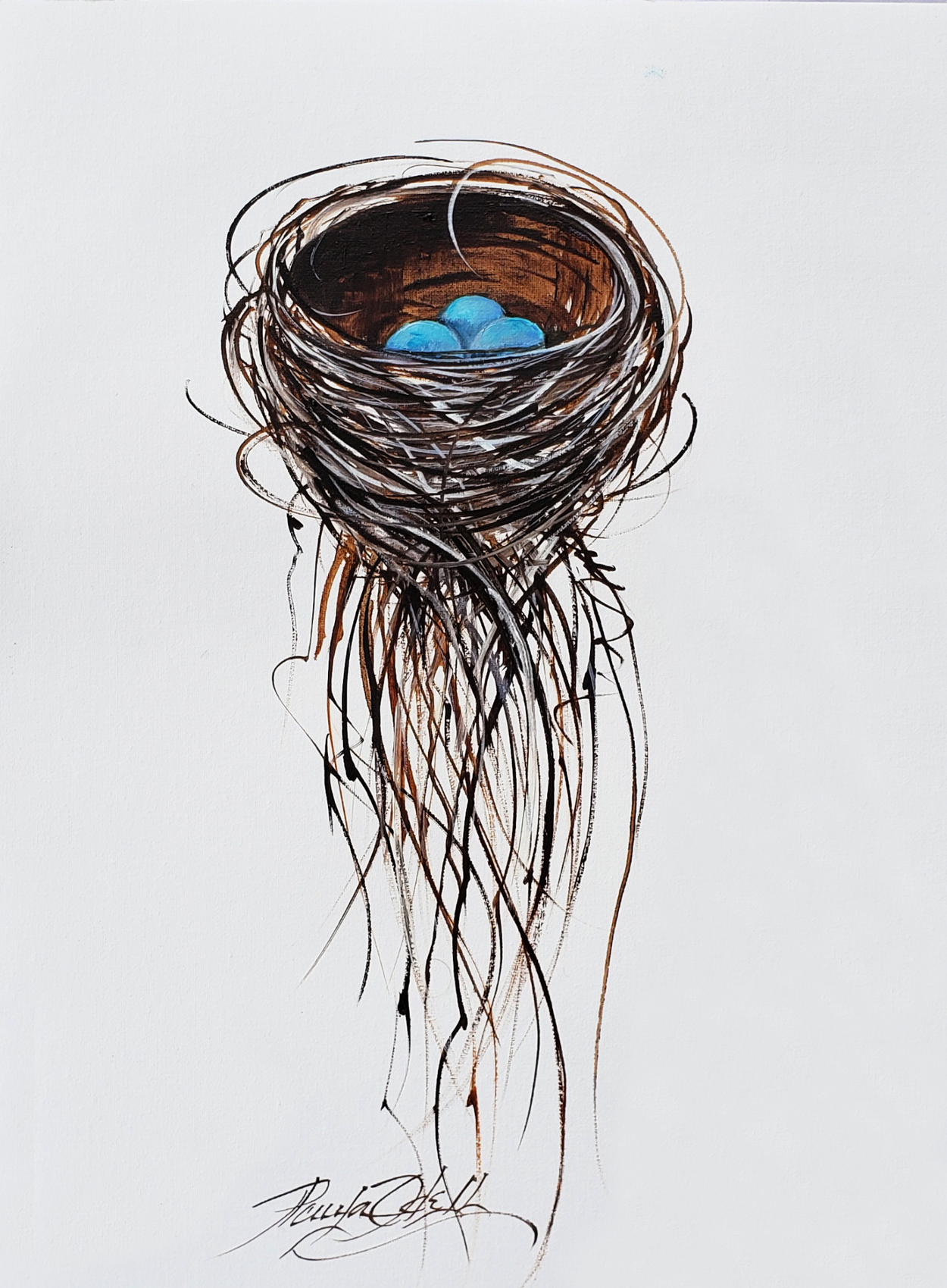 Original oil painting... a sweet nest with three aqua eggs in it. Painted with a white background on finely textured canvas. This piece comes ready for you to frame. 9x12