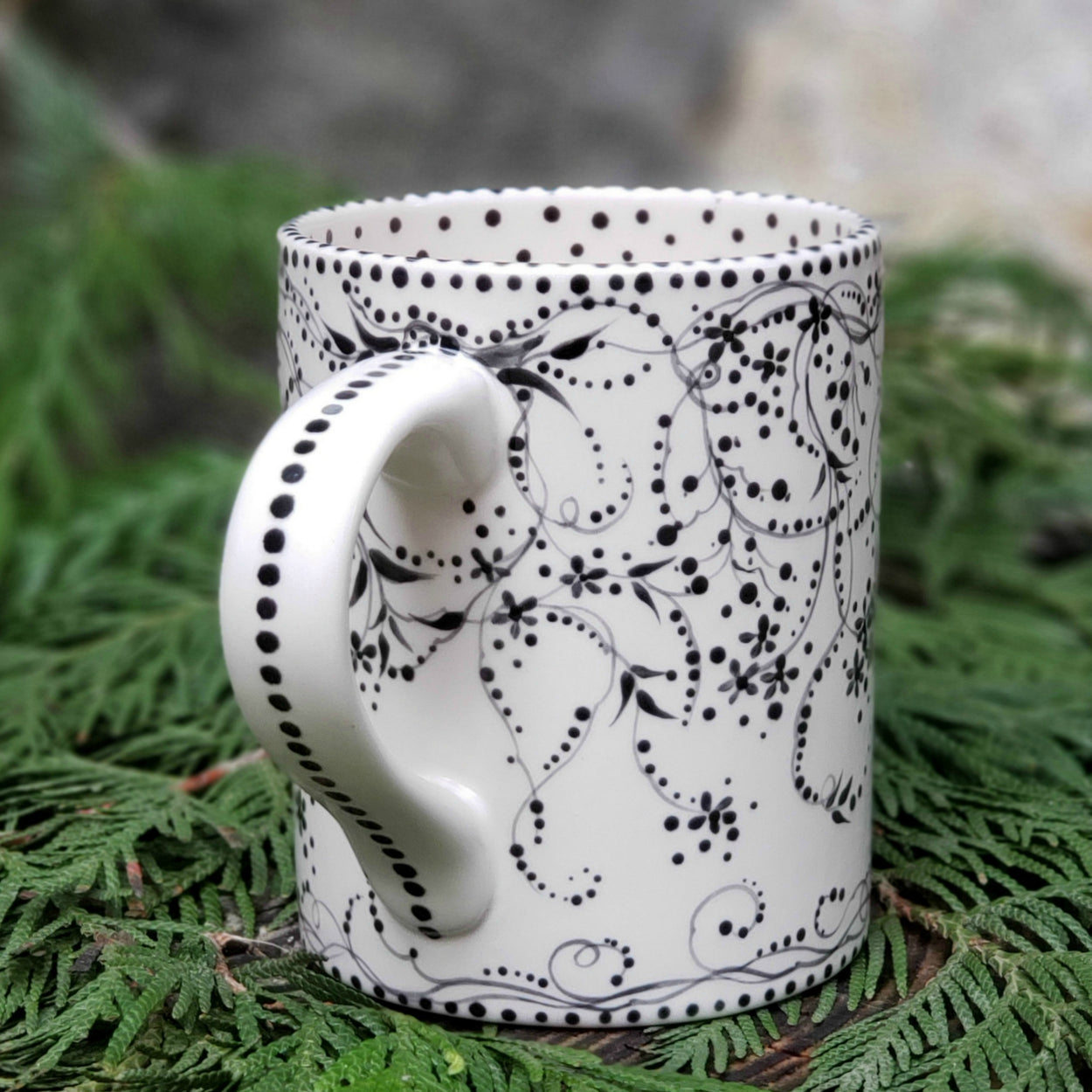 Hand Painted Vintage Inspired Black and White Mug