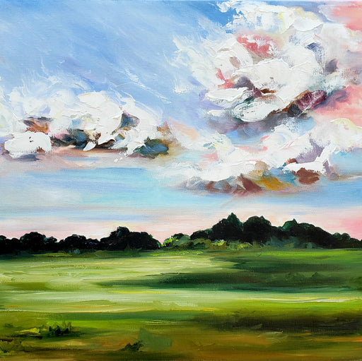 Cloudscape blue sky puffy clouds pink and peach highlights beautiful green meadow. Original oil painting on canvas 16 x 16 inches