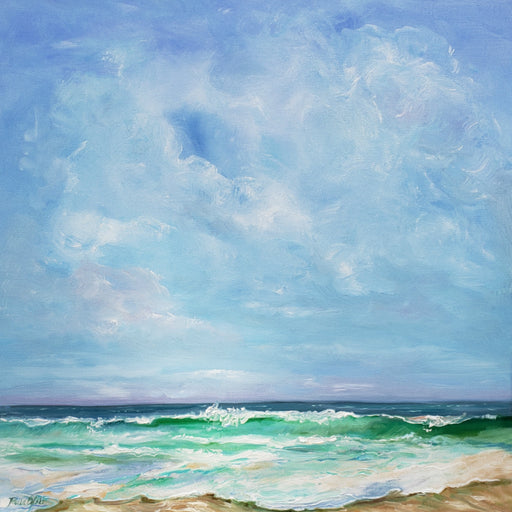 Seascape with big blue sky and beautiful clouds . The sea is aqua and green and softly rolls to a sandy beach. Original oil painting on canvas 18x18