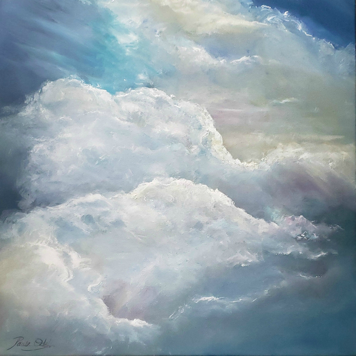 Original oil painting of dreamy clouds with the sun just coming up...Bright and dreamy with blues and golds and pinks ..16x16