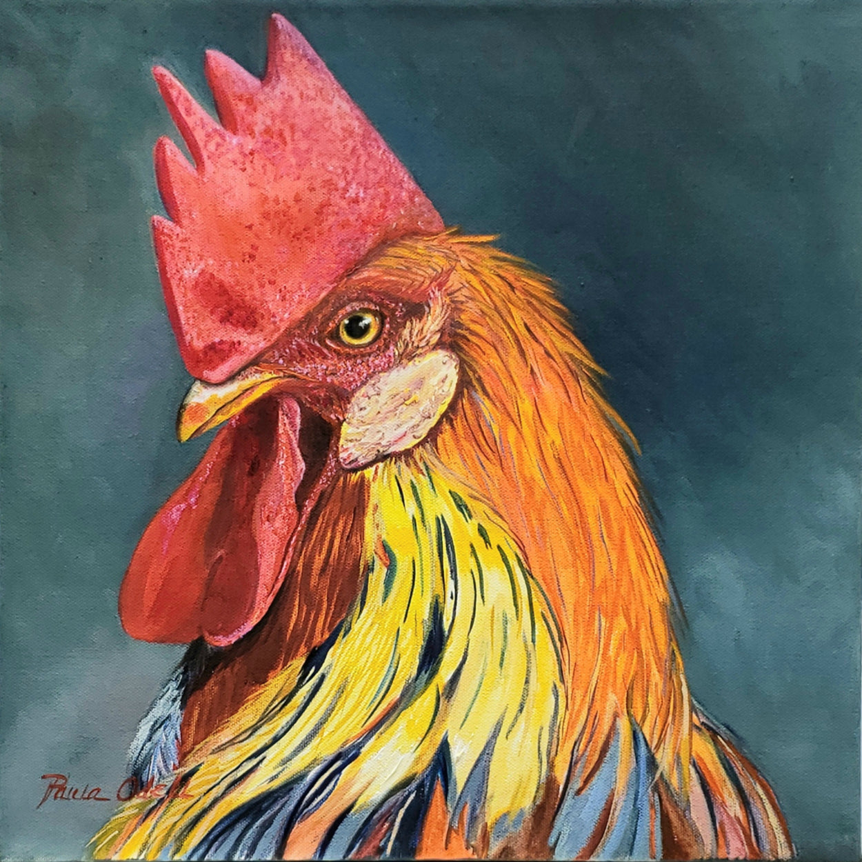 Brightly colored statley Rooster portrait. Painted in reds, golds, yellows , oranges and blue. Background is a beautiful muted deep blue green. Original oil painting on canvas 16 x 16 inches