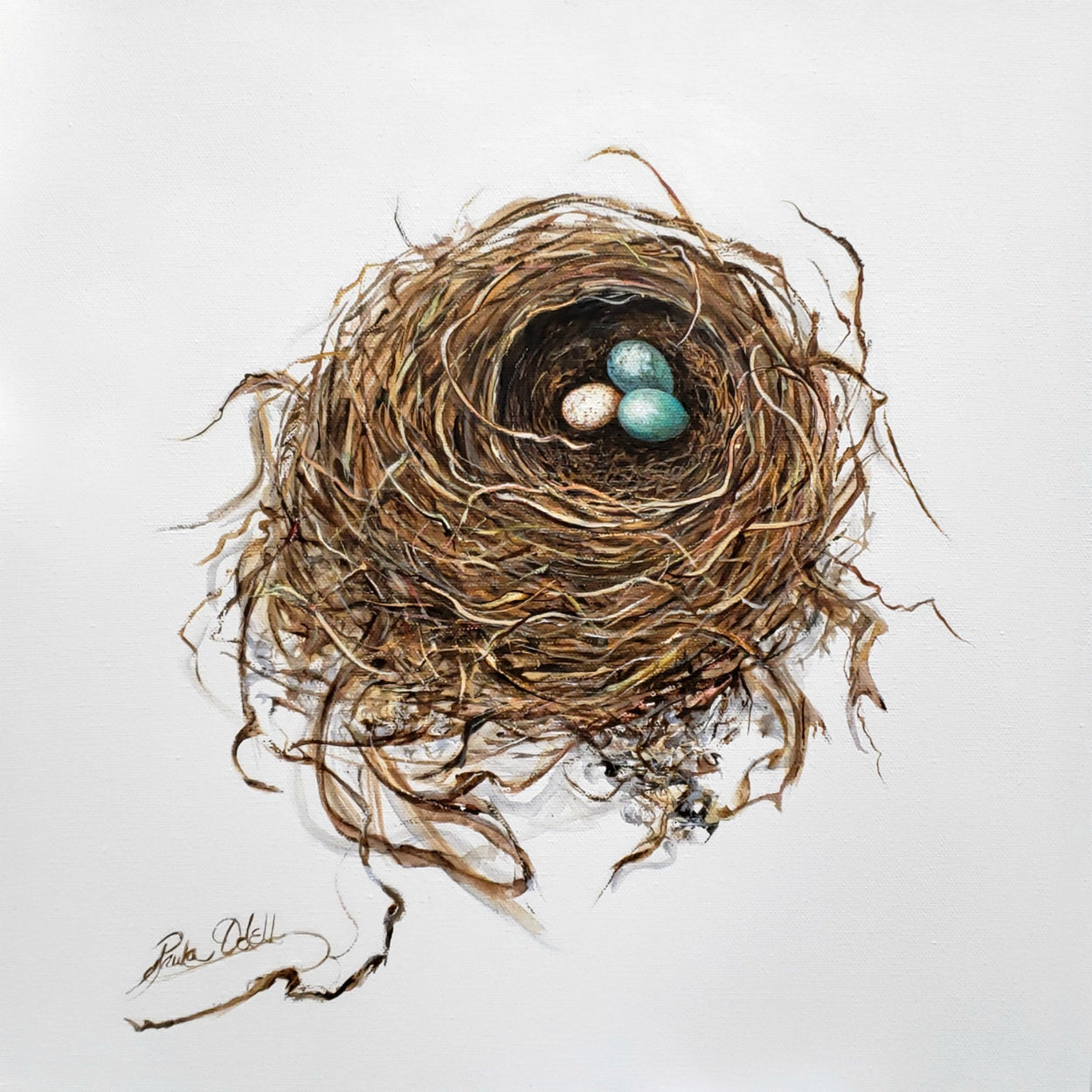 Original oil and acrylic on 16x16 inch framed canvas. Beautiful intricately painted bird nest with three eggs that are all different, symbolizing living together peacefully.