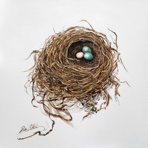 Original oil and acrylic on 16x16 inch framed canvas. Beautiful intricately painted bird nest with three eggs that are all different, symbolizing living together peacefully.