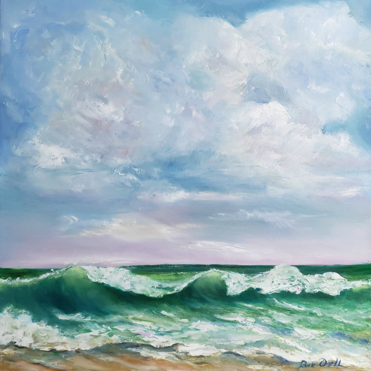 Original oil painting of ocean waves crashing on the shore with beautiful sky and puffy clouds. 16x16