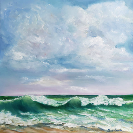 Original oil painting of ocean waves crashing on the shore with beautiful sky and puffy clouds. 16x16