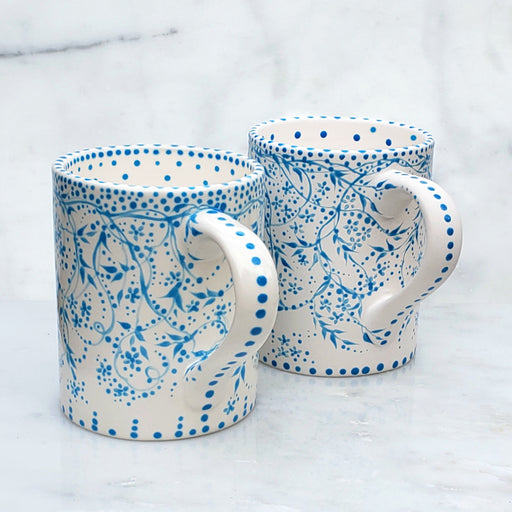 The sweetest aqua and white coffee or tea mugs with tiny polka dots, vines . 16 oz kiln fired ceramic mug