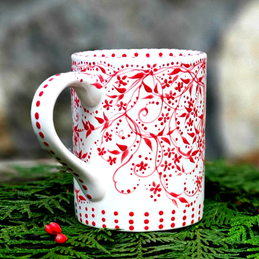 Hand painted red and white mug with darling polka dots and vines. A soft satin glaze that feels so good