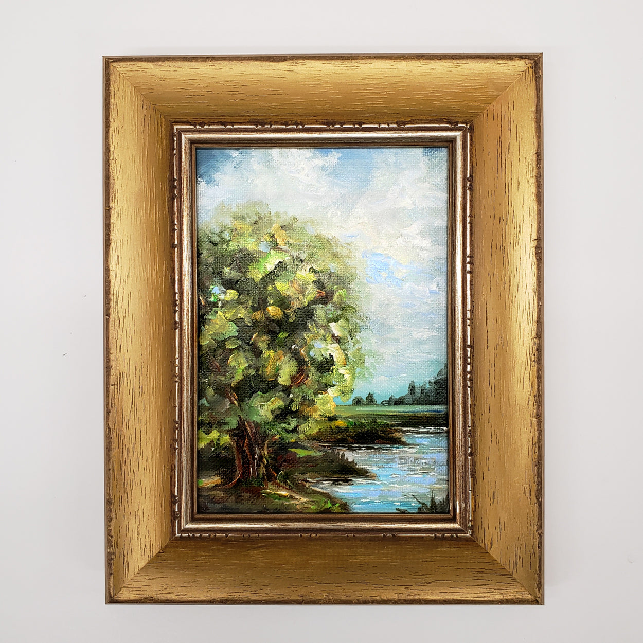 5x7 inch original oil painting on canvas board... Landscape under a tree and a beautiful pond... "Resting Place"