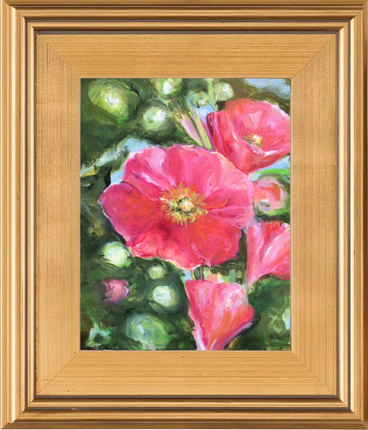 "Hollyhocks in Bloom"