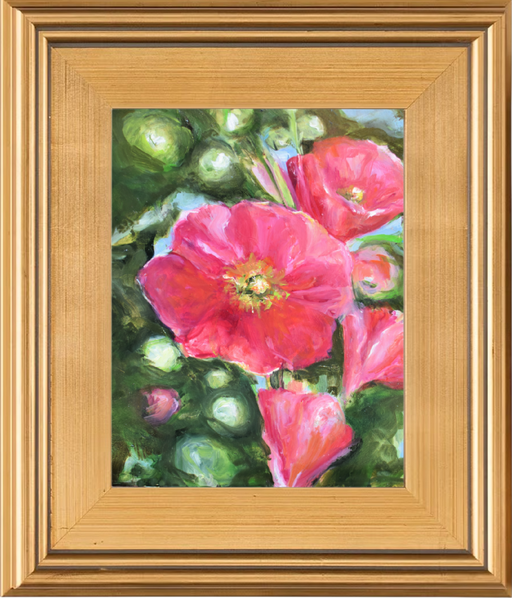 "Hollyhocks in Bloom"