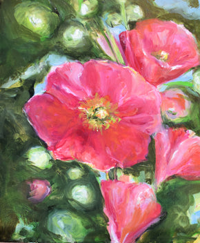 "Hollyhocks in Bloom"
