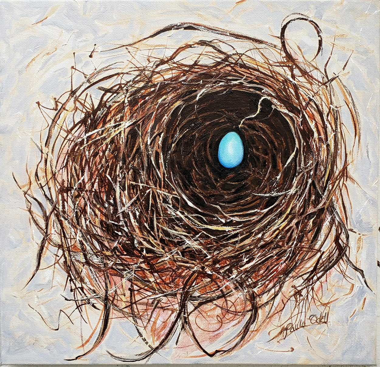Original oil painting of bird's nest with a sweet aqua egg tucked in cozy and safe. 12x12 oil on canvas