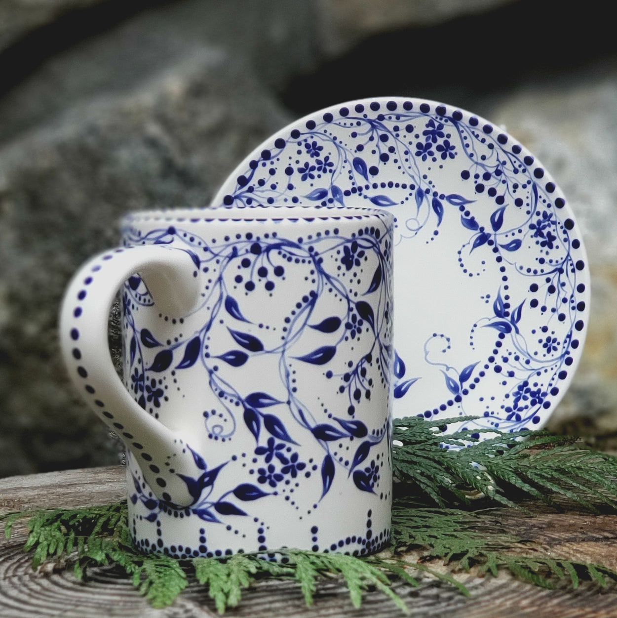 Hand painted cobalt blue mug and dessert plate...tiny blue vines and berries cover the mug and plate in a beautiful delicate all over design. mug is 16 oz kiln fired ceramic and the plate is a 6 inch kiln fired dessert \cookie plate