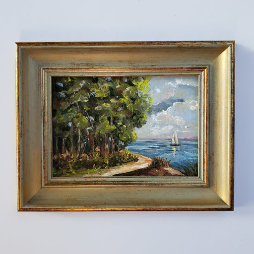 5x7 original oil painting... Nostalgic little painting of a sail boat and beautiful scene with puffy clouds and an inviting path to the water.