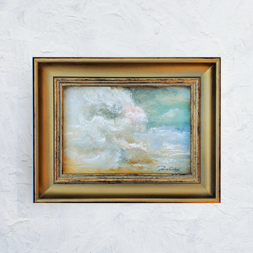 Beautiful colorful dream like puffy clouds...in colors of aqua and pink with gold. Original oil painting on oil paper. Framed in vintage style gold frame