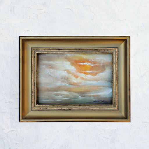 Original oil painting on oil paper mounted and framed in vintage style gold frame... golden clouds with the sun peaking through... 5x7
