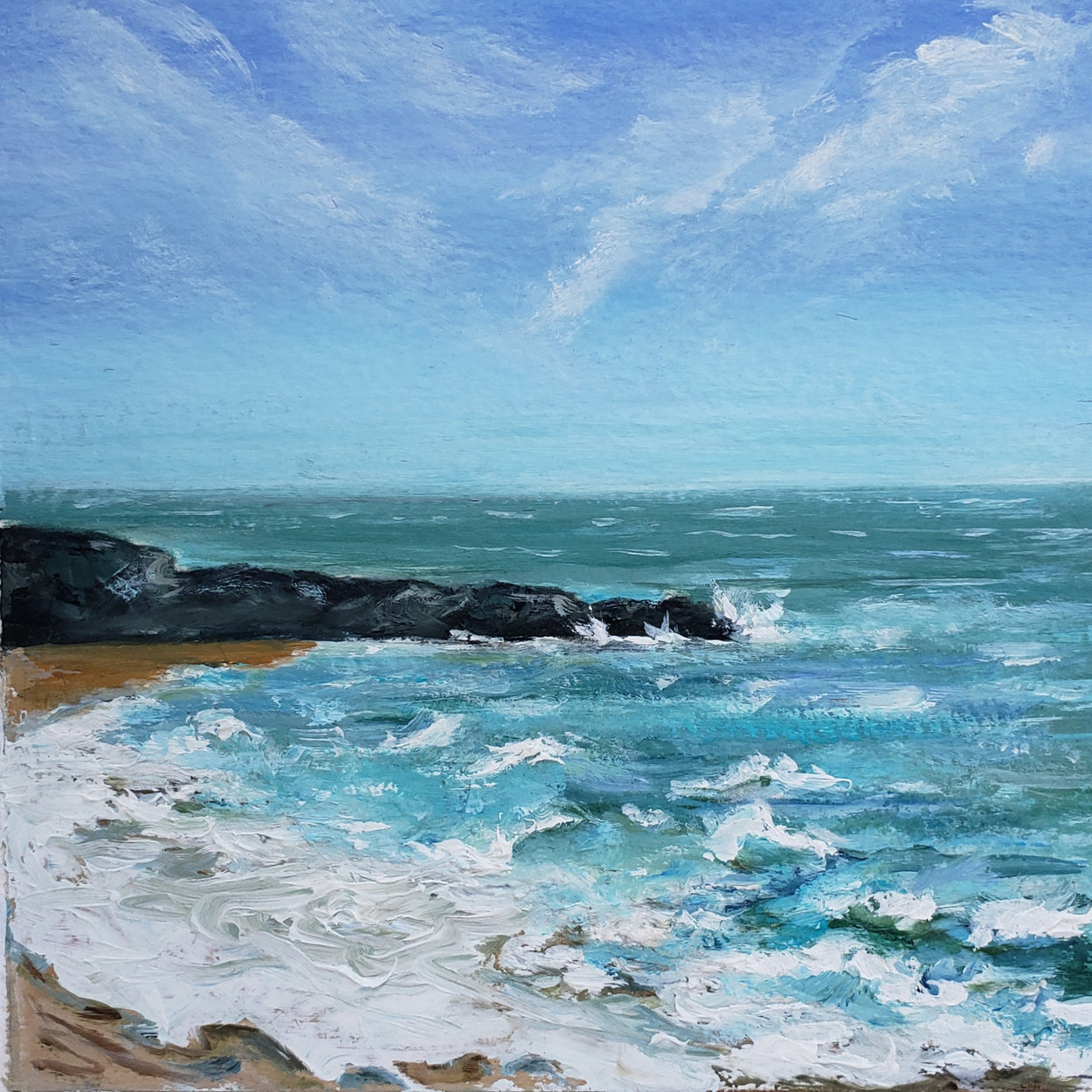 Original oil painting on hand made paper... Ocean rolling onto the shore with waves and foam as it touches the beach..with a beautiful blue sky and wispy clouds. Will arrive matted in a 12x12 white mat ready for you to frame.