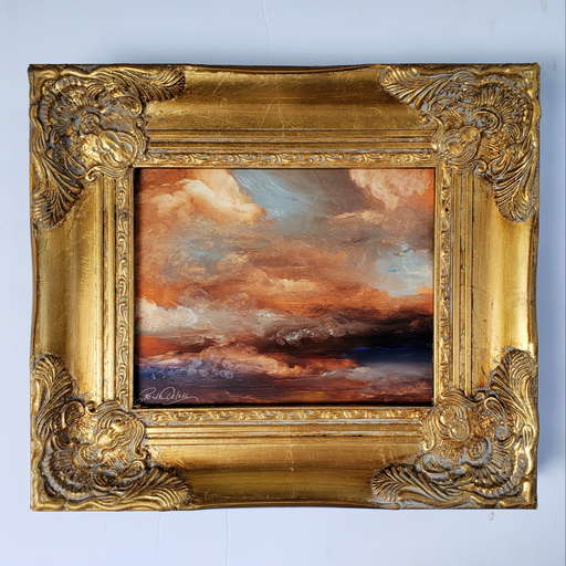 Original oil painting of a glowing night sky in golds and rusts and deep blues. Painting 8x10 comes framed in a 13x15 gold leafed wood vintage style frame