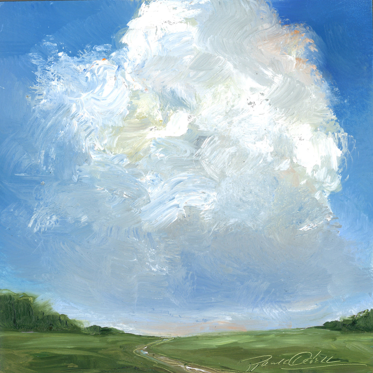 Beautiful blue sky with puffy white cloud, green meadow and sweet little path taking you to the horizon. Oil on pane. 6x6 will come framed in maple and ready to hang.