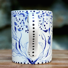 Hand Painted Blue and White Birds and Flowers Mug