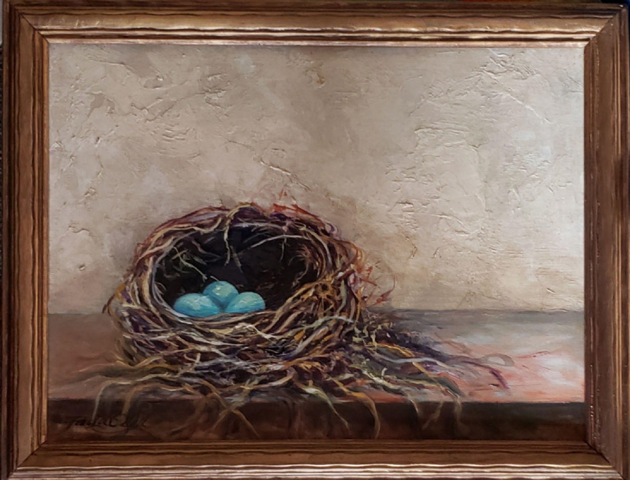 Original oil painting of a nest with aqua eggs sitting on an old shelf. A textured wall behind the nest makes this painting look old and warm. 9x12 ..comes in the perfect vintage frame