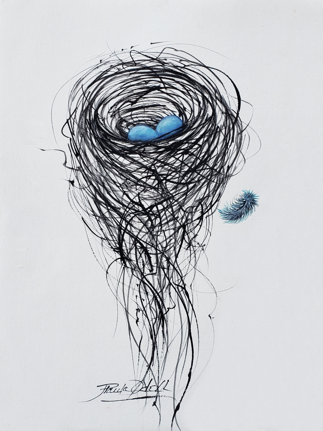 Sweet floating birds nest painted on white background. The nest has an aqua egg in it and a feather floating beside... Original oil painting on a very fine textured canvas paper. This piece comes unframed and is ready for you to choose your own special frame. Artwork is 9x12