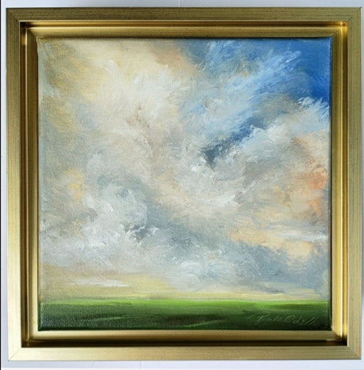8x8 original oil painting...framed in a beautiful gold wood frame. Soft colors with a golden glow and blue sky and meadow with billowing clouds. Arrives framed and ready to hang.