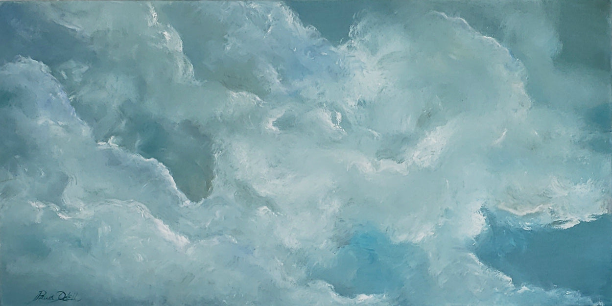 Original oil painting on gallery wrapped canvas. Soft aqua sky with puffy white clouds. 12x24