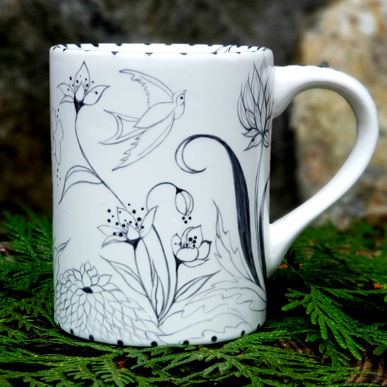 Hand Painted Botanical Bunny and Birdie Mug