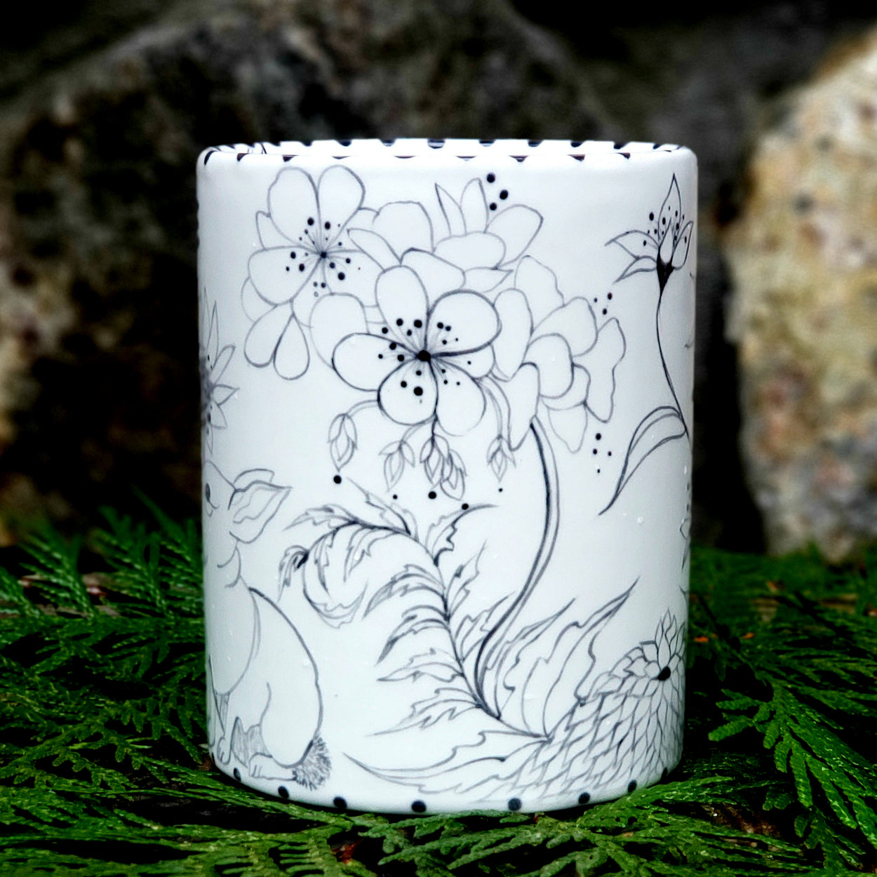 Hand Painted Botanical Bunny and Birdie Mug