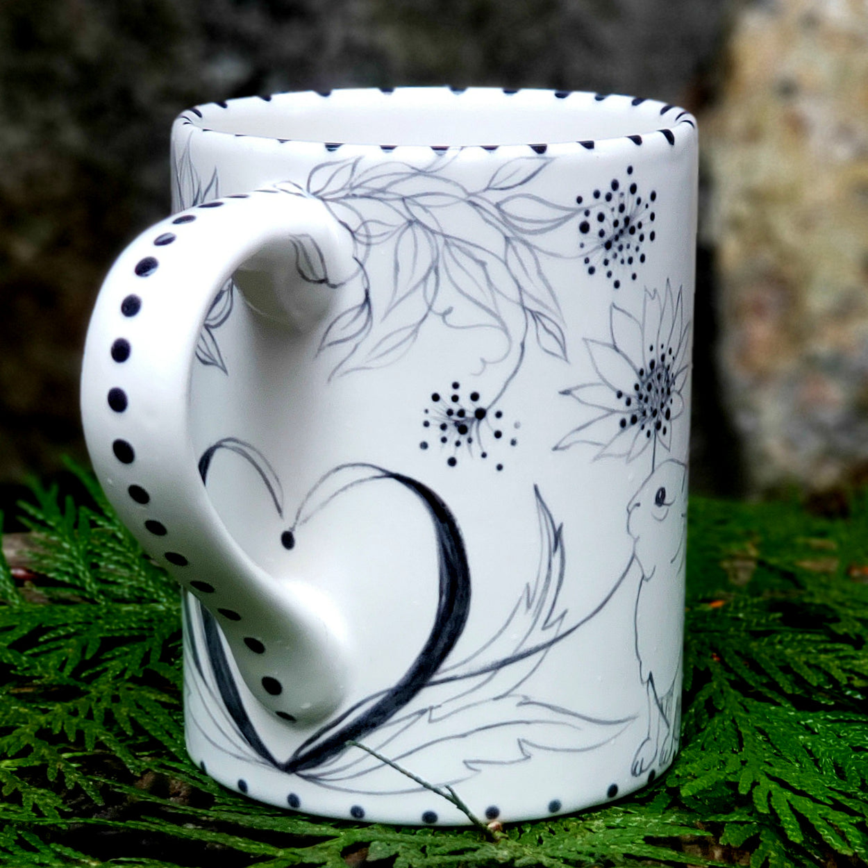 Hand Painted Botanical Bunny and Birdie Mug