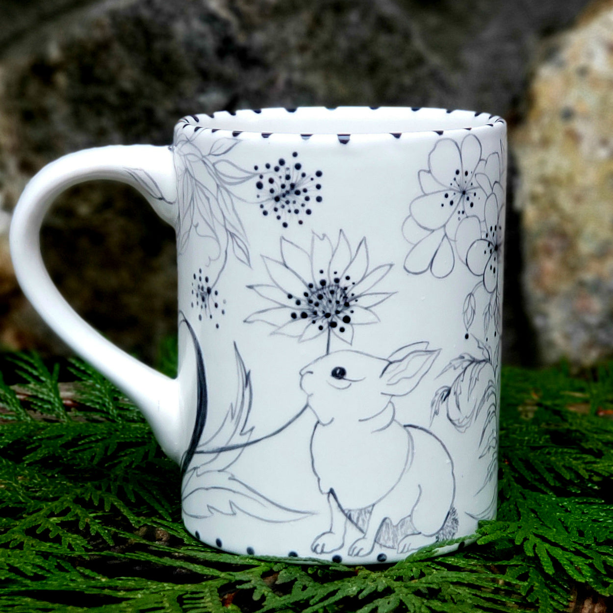 Hand Painted Botanical Bunny and Birdie Mug