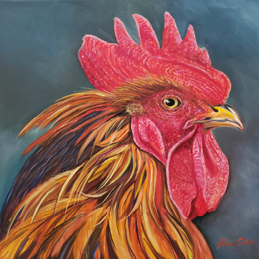 Brightly colored statley Rooster portrait. Painted in reds, golds, yellows , oranges and blue. Background is a beautiful muted deep blue green. Original oil painting on canvas 16 x 16 inches