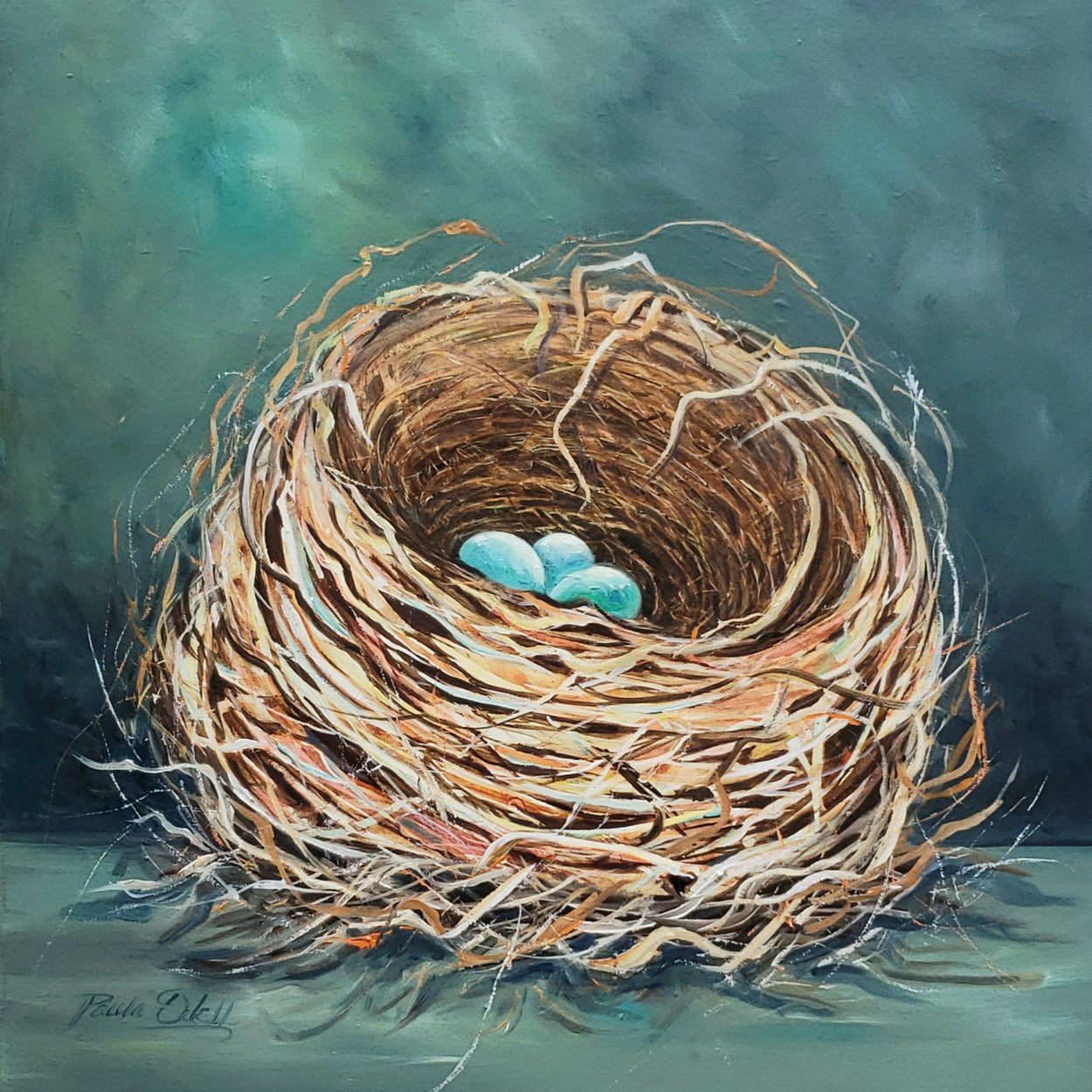 Large birds nest painted in golds, oranges, blues and browns. Background is a beautiful deep aqua green with gold highlights.Original oil on canvas 24 x 24 inches