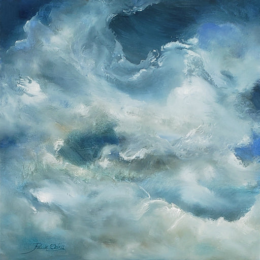 Original oil painting of stormy clouds...blues and grays swirling in white clouds. 16x16