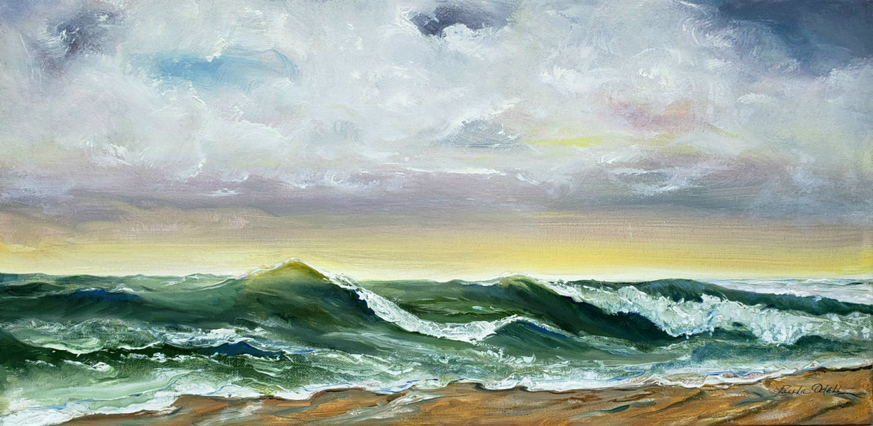 Original oil painting .. translucent green waves crashing on the shore..beautiful golden sunlit sky. 12x24