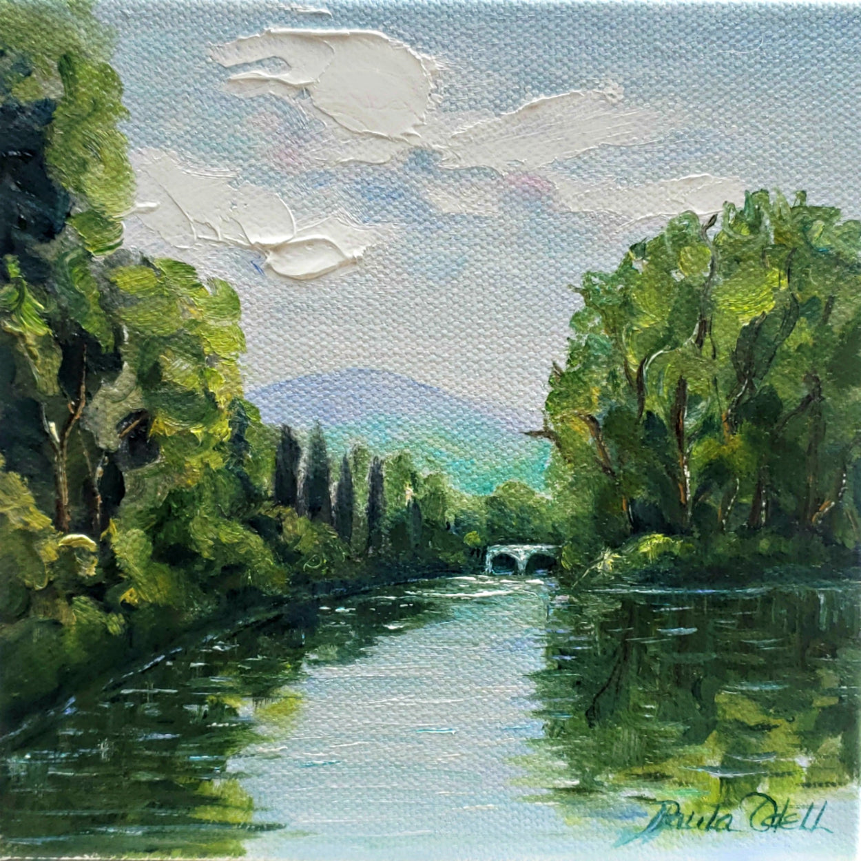 beautiful river with bridge, peaceful with greenery and trees gives you a floating down the river feeling. Puffy white clouds blue sky Original oil on canvas 6x6