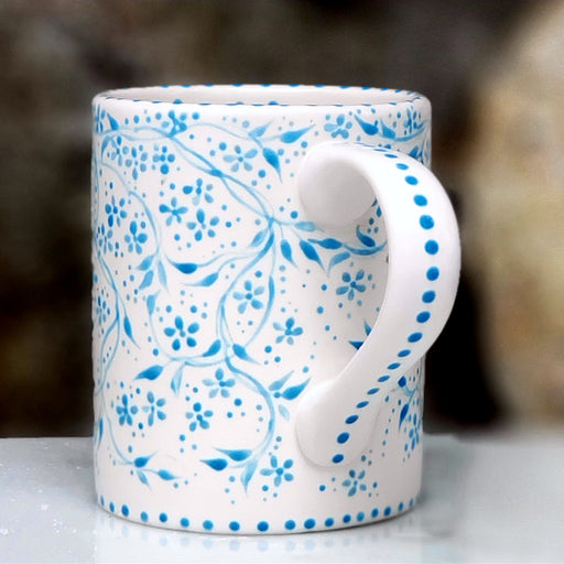 Hand Painted Aqua and White mug with trailing vines and sweet teeny flowers. 16 oz kiln fired ceramic mug